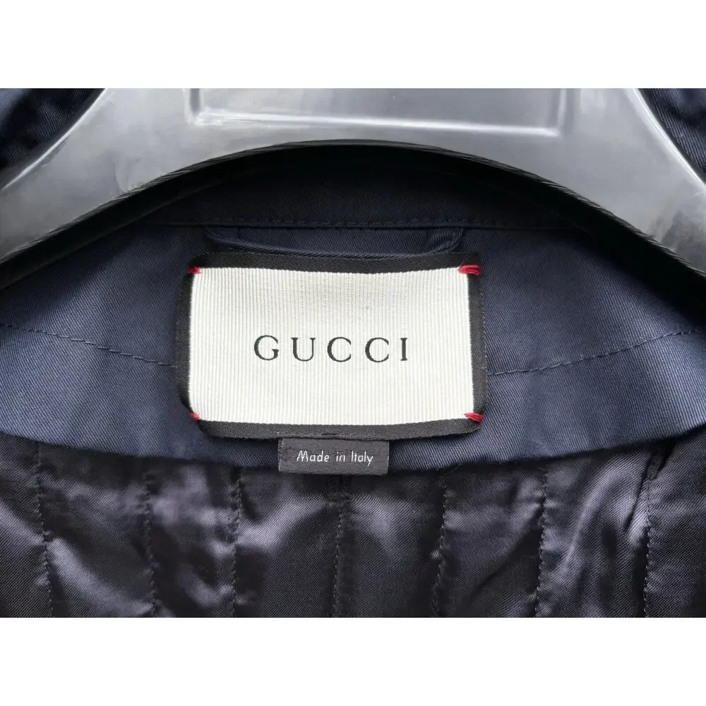 GUCCI Cotton Blend Leather Washed Gabardine Jacket Blue Sz 48 US 38